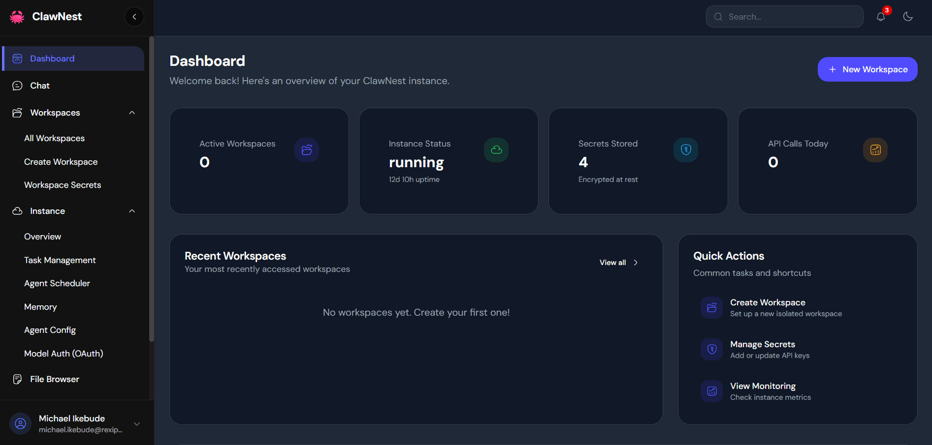 ClawNest dashboard showing workspaces, instance status, and quick actions